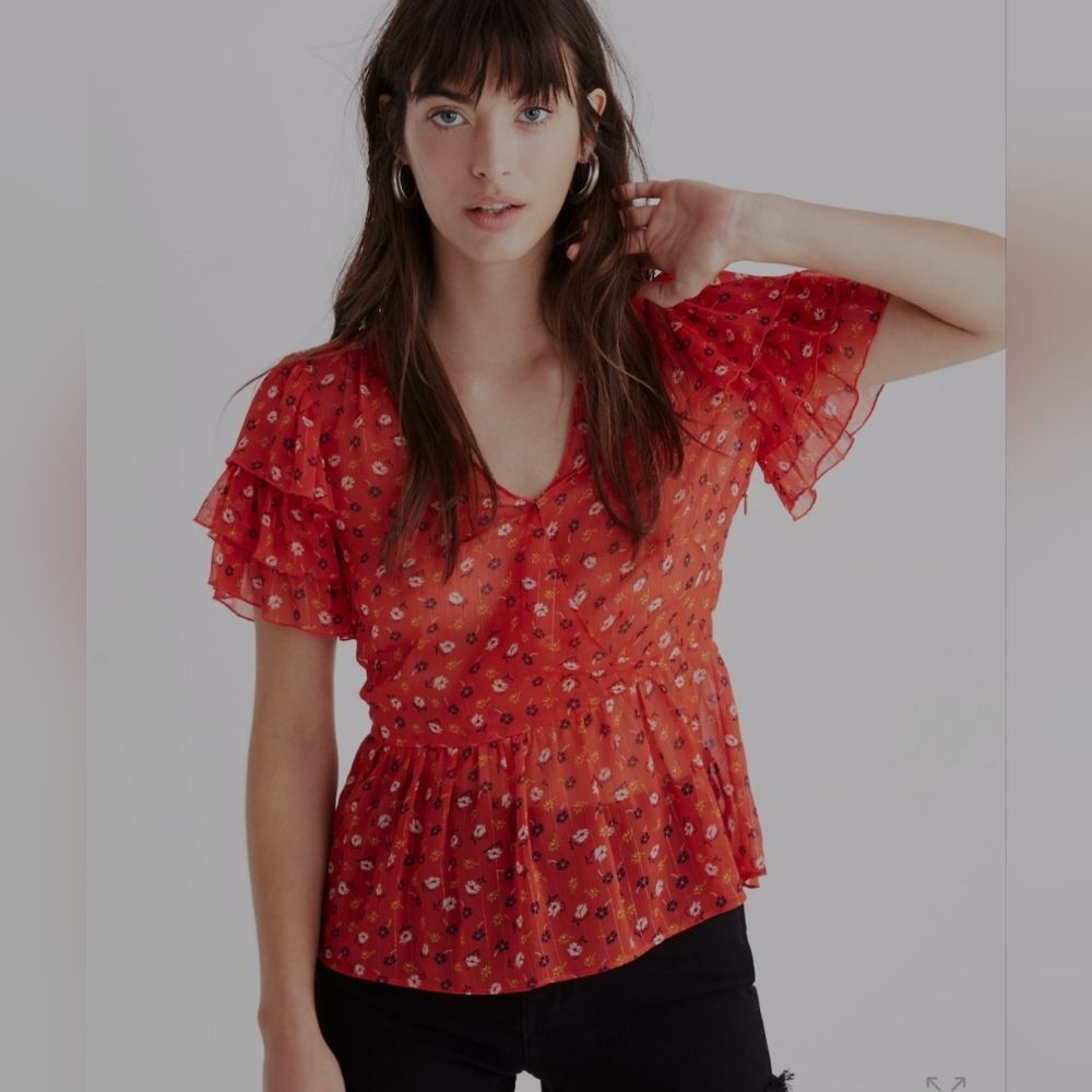 Madewell Tiered-Sleeve Peplum Top in Metallic Prairie Posies size 14